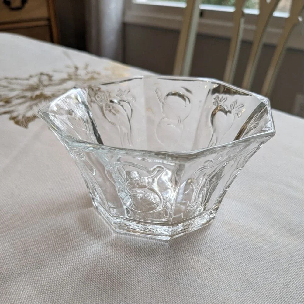 Vintage Ramekin Bowl MCM Glass Octagon 4 inch Embossed Fruits Vegetables 1950s